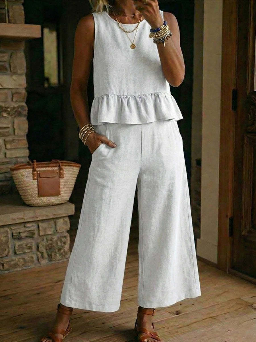 Womens Cotton-Linen Tank & Cropped Pants Set