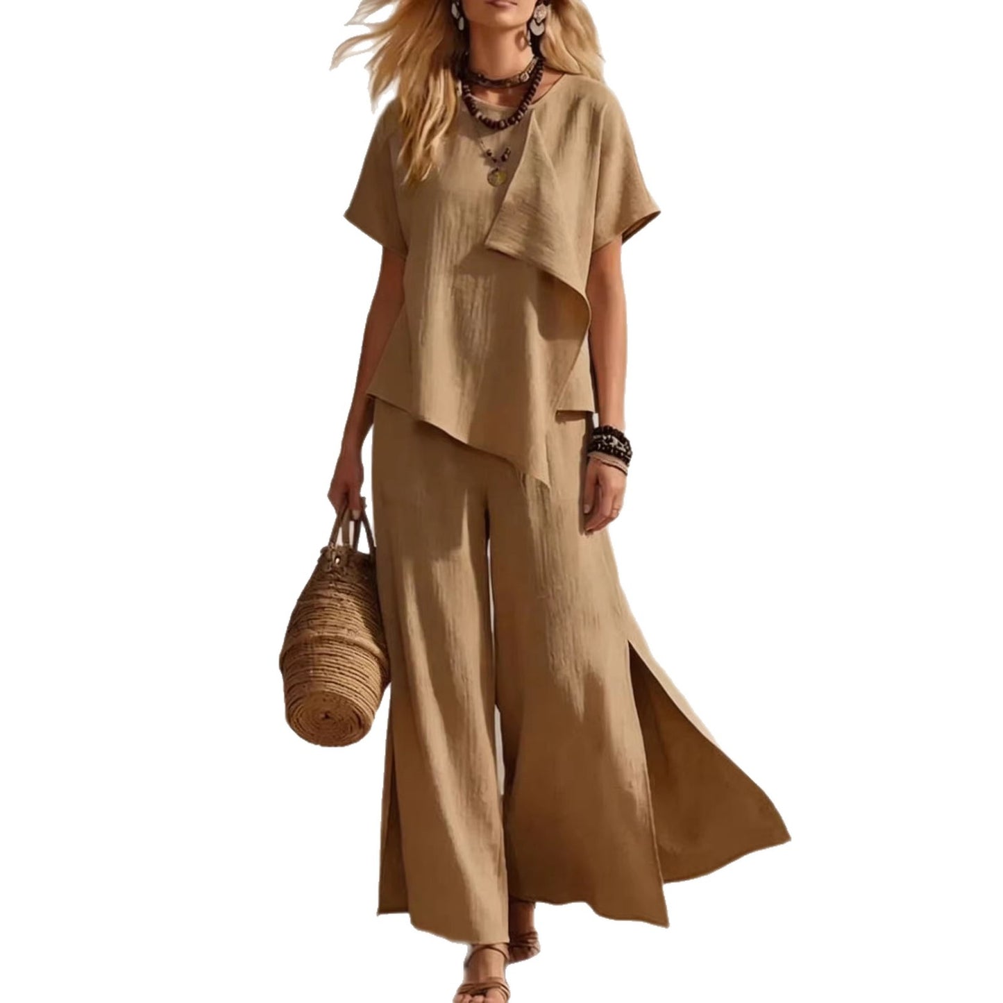 Womens Asymmetrical Top & Wide-Leg Pants Set