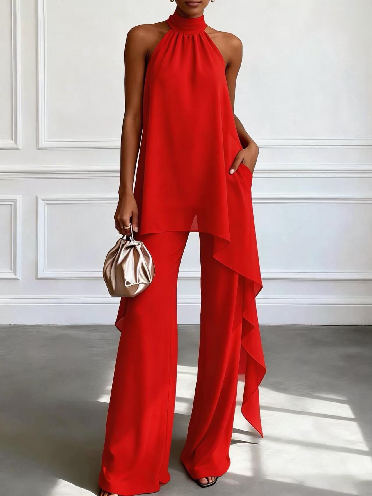 Womens Retro Lace Top & Wide-Leg Pants Set