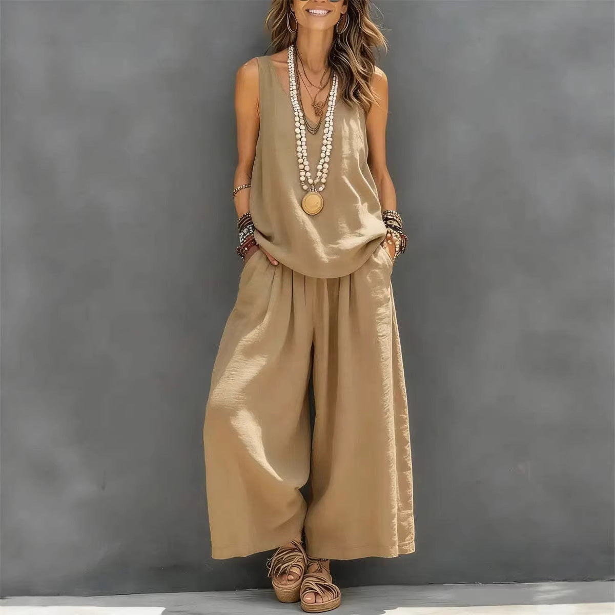 Womens Solid Sleeveless Tank & Wide-Leg Pants Set