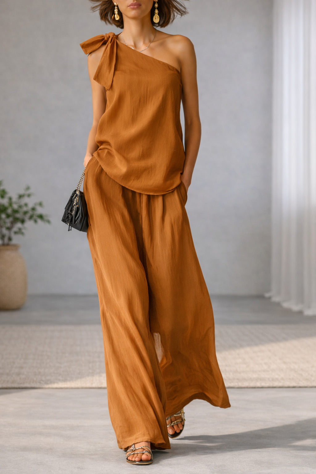 Womens One-Shoulder Top & Wide-Leg Pants Set