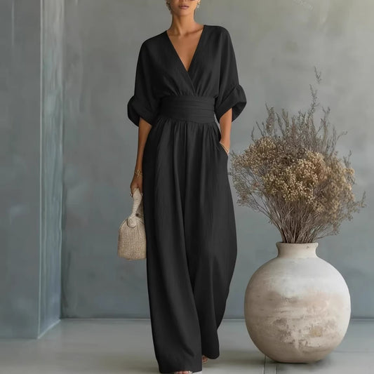 Womens Waist-Cinching V-Neck Jumpsuit