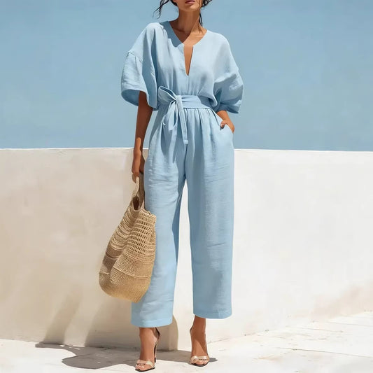 Womens V-Neck Cotton-Linen Jumpsuit