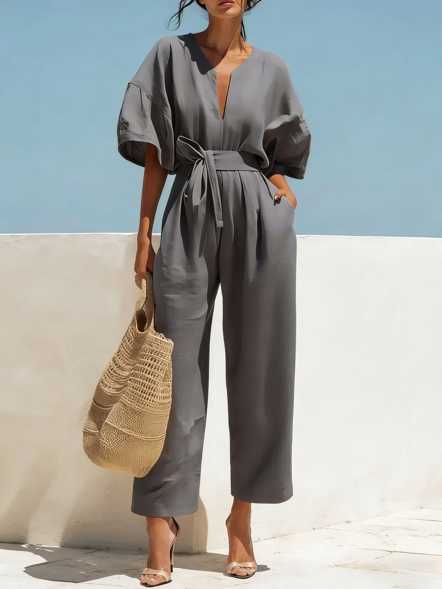Womens V-Neck Cotton-Linen Jumpsuit