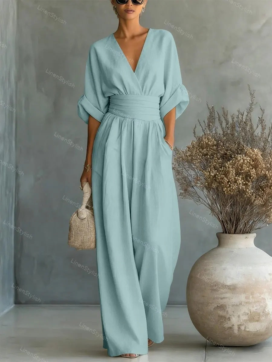 Womens Waist-Cinching V-Neck Jumpsuit