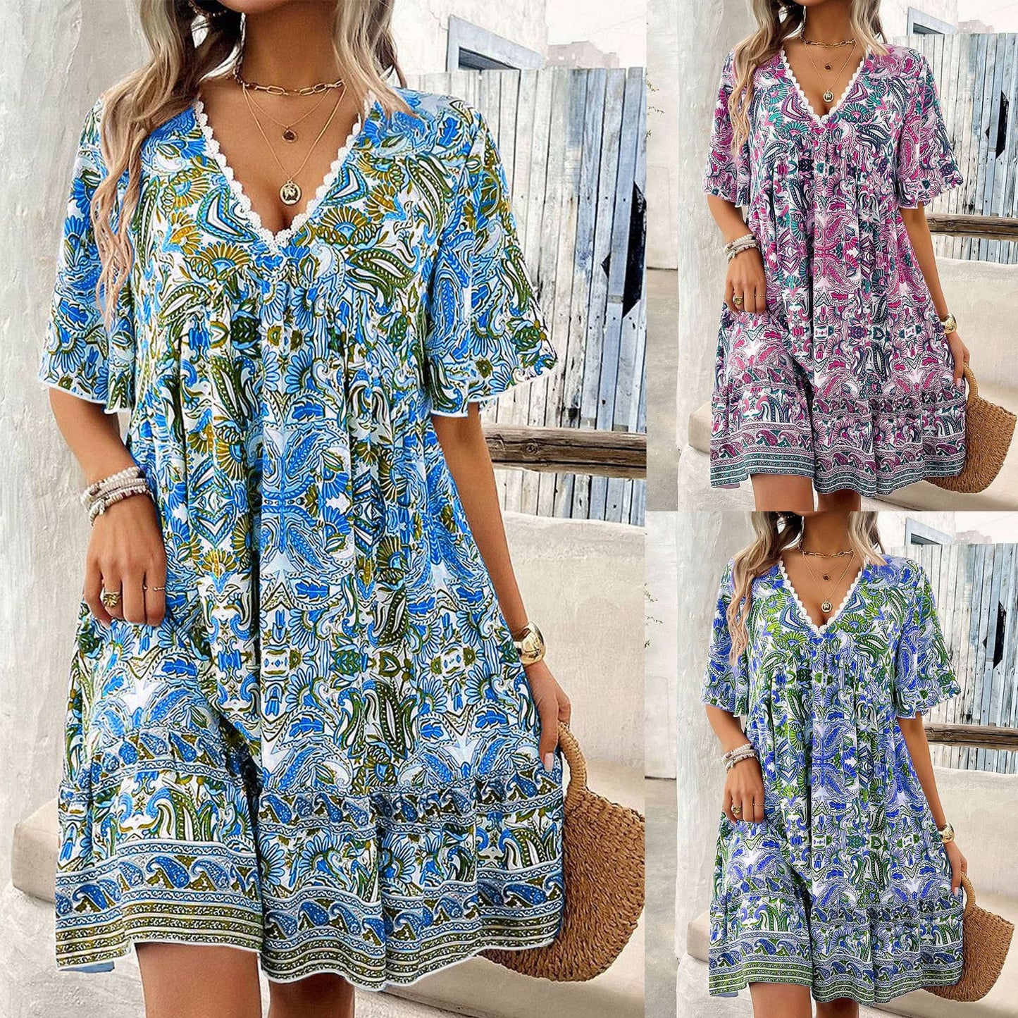 New Fashion Short-Sleeve Printed V-Neck Dress