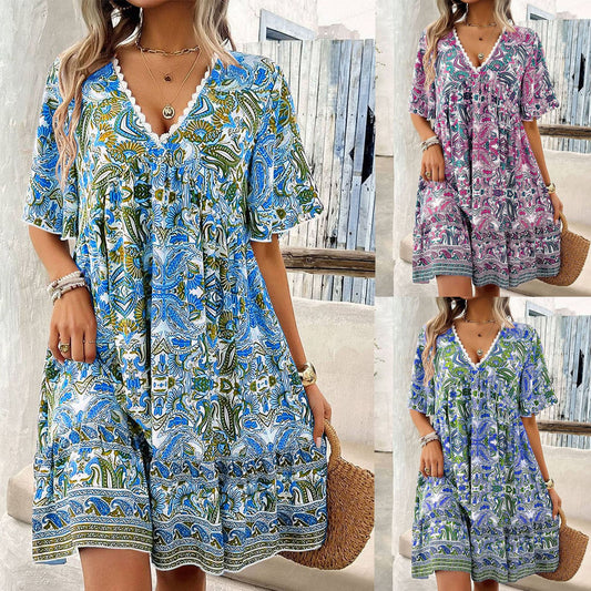 New Fashion Short-Sleeve Printed V-Neck Dress