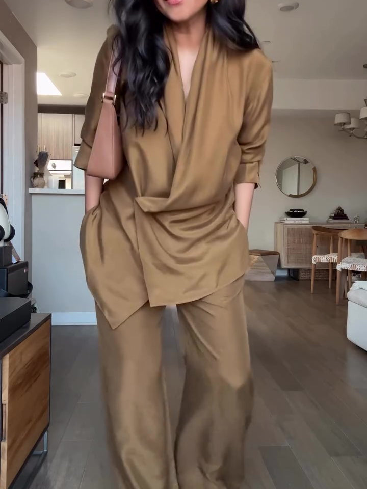 Women’s Satin Wrap Blouse & Wide-Leg Pants Set