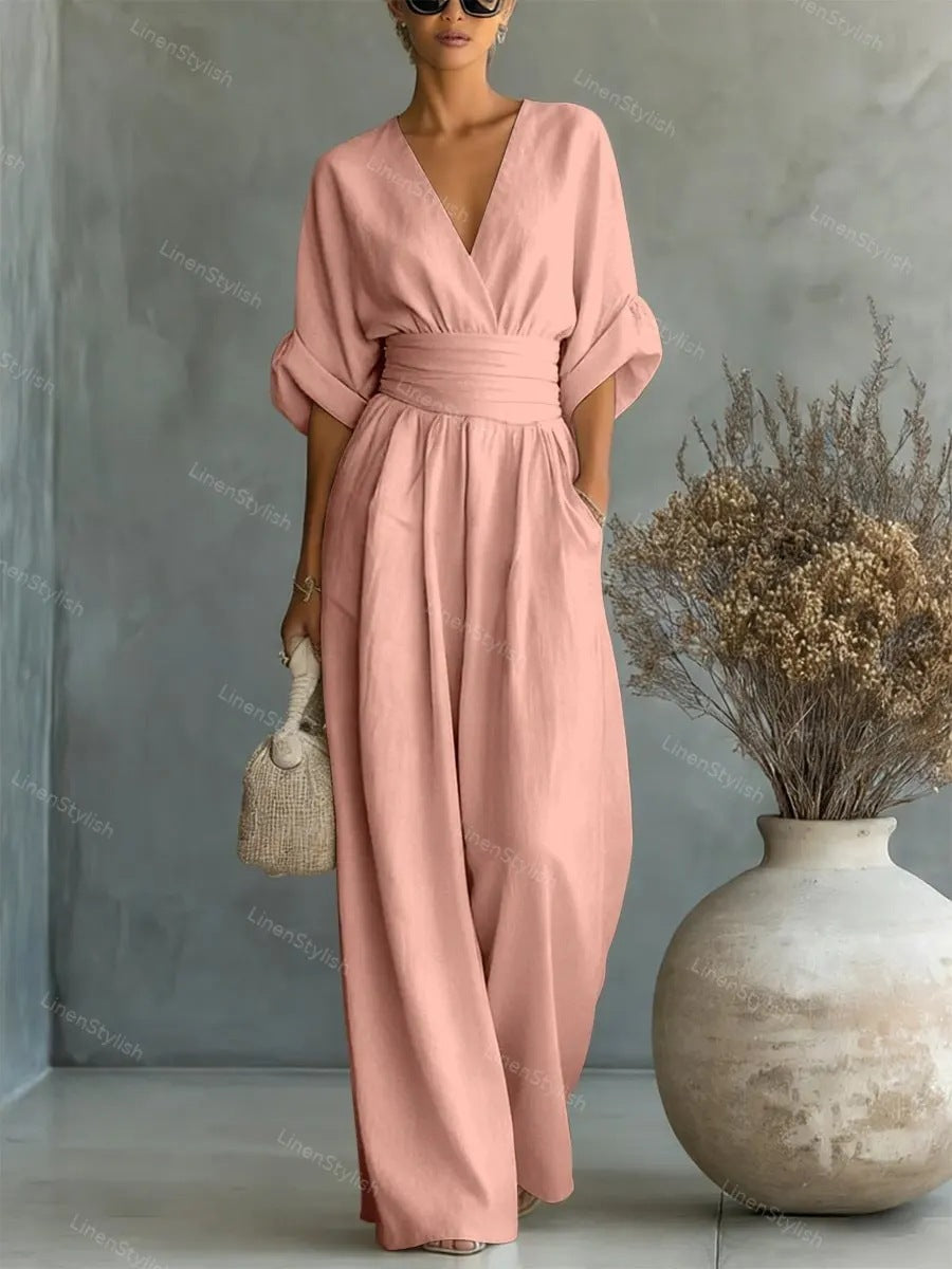 Womens Waist-Cinching V-Neck Jumpsuit