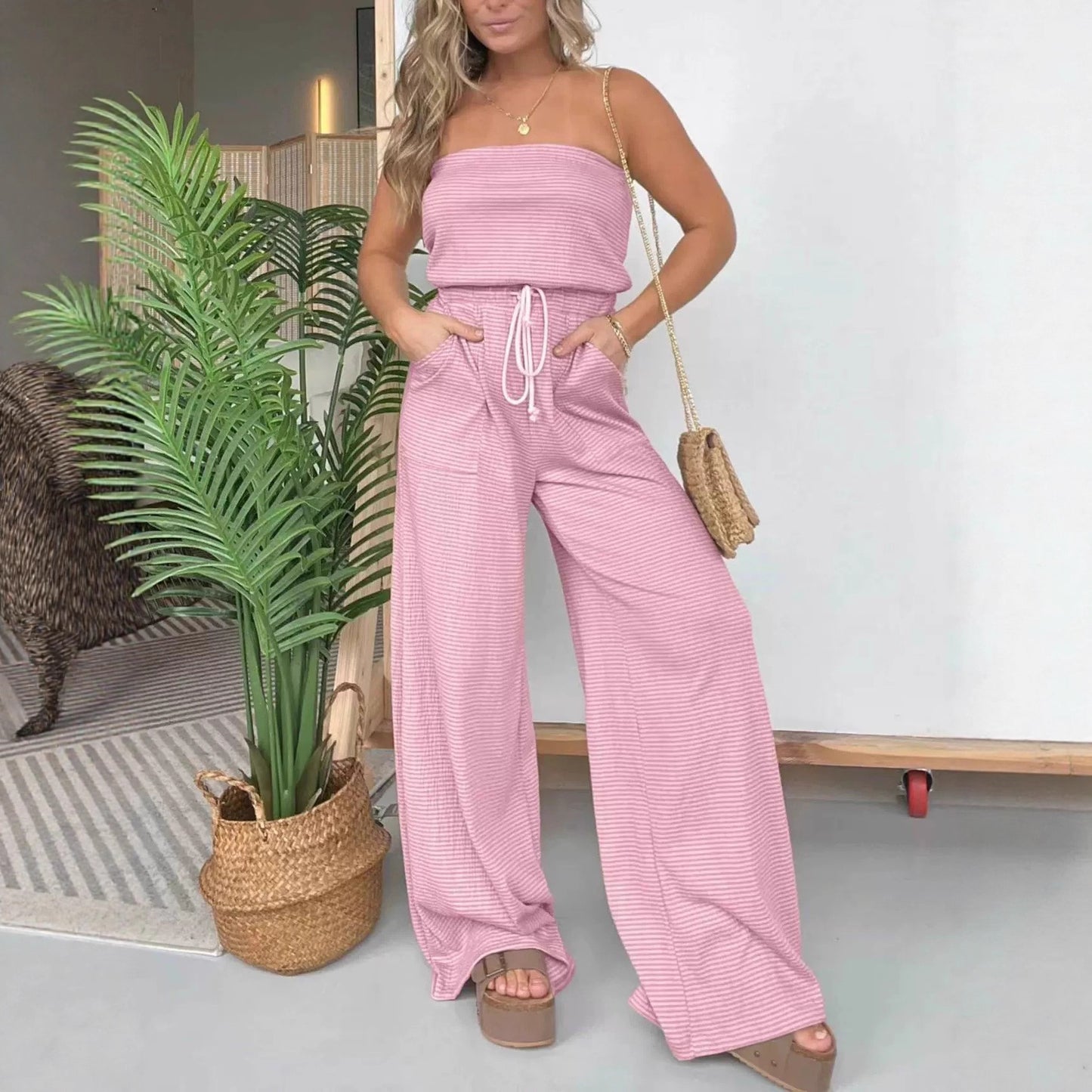 Womens Striped Tube Top Jumpsuit