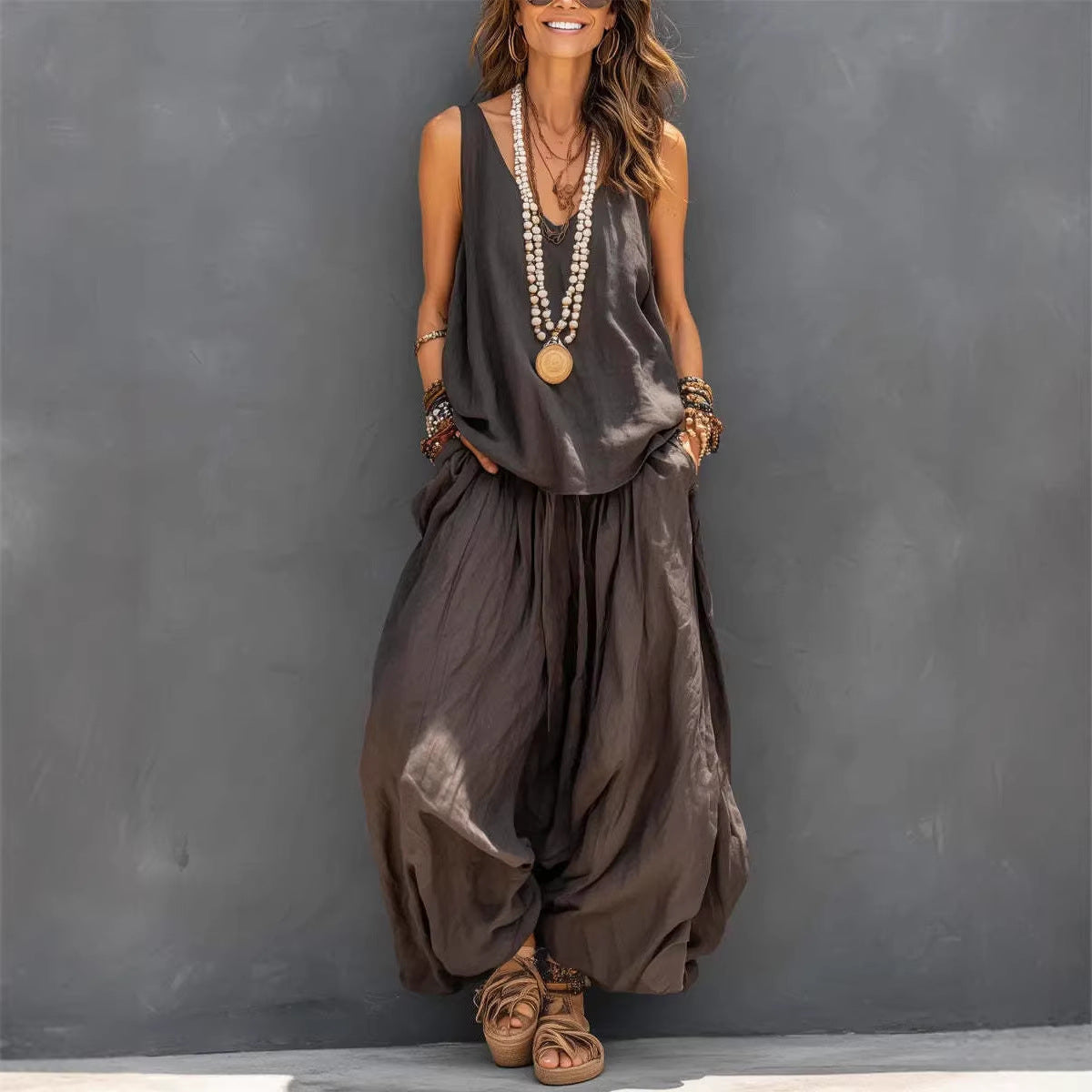 Womens Solid Sleeveless Tank & Wide-Leg Pants Set