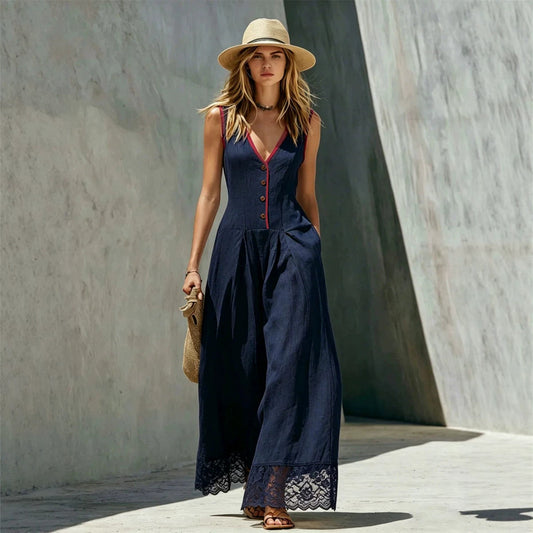 Solid-Colored Lace Splice Jumpsuit