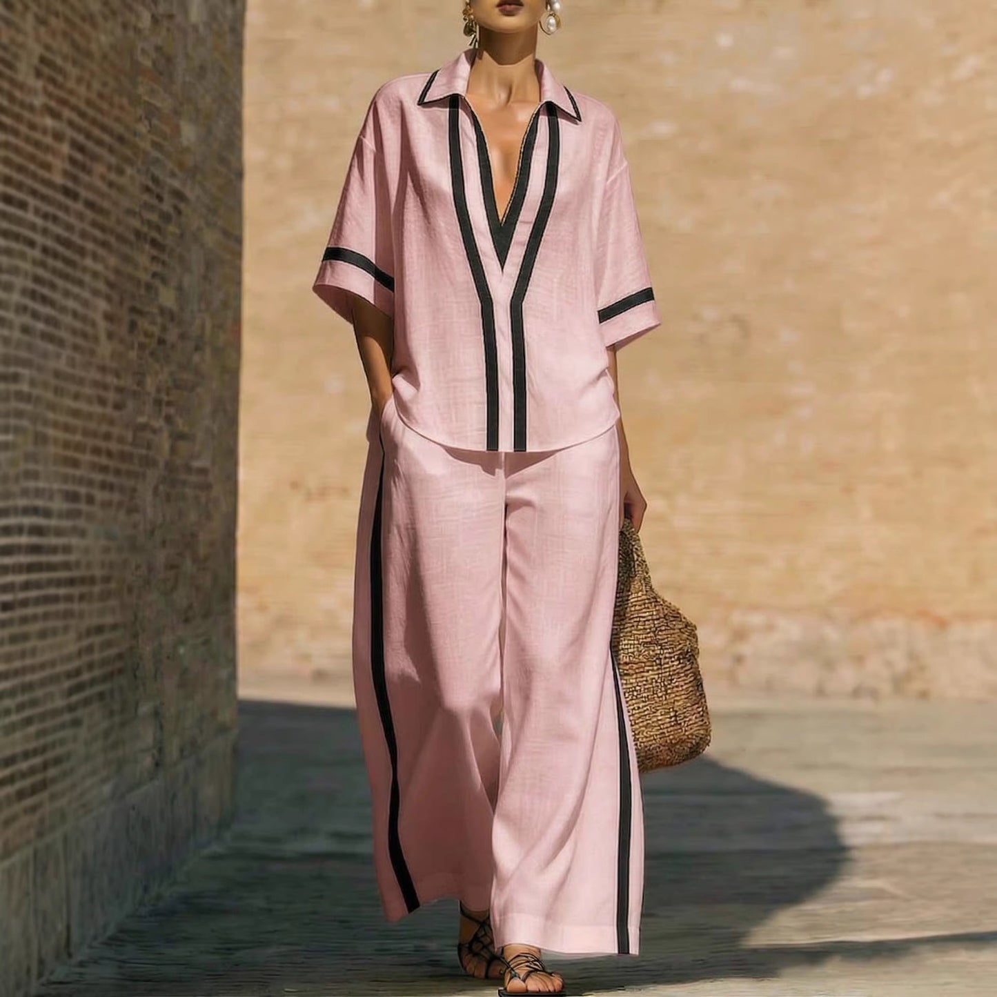 Womens Color Block Top & Wide-Leg Pants Set