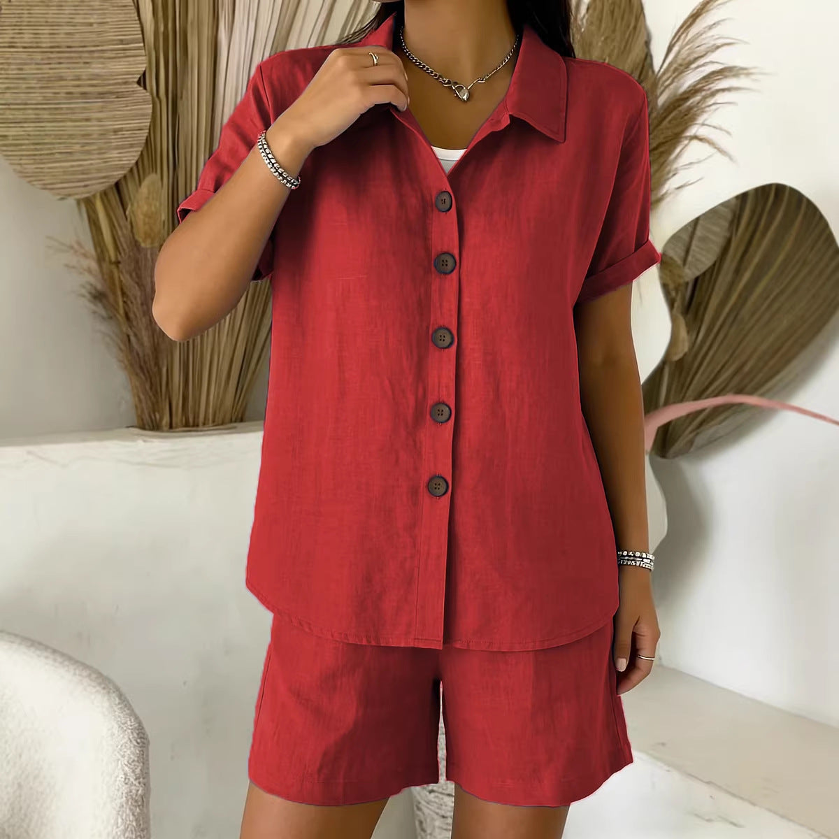 Womens Cotton-Linen Button-Up Shirt Set