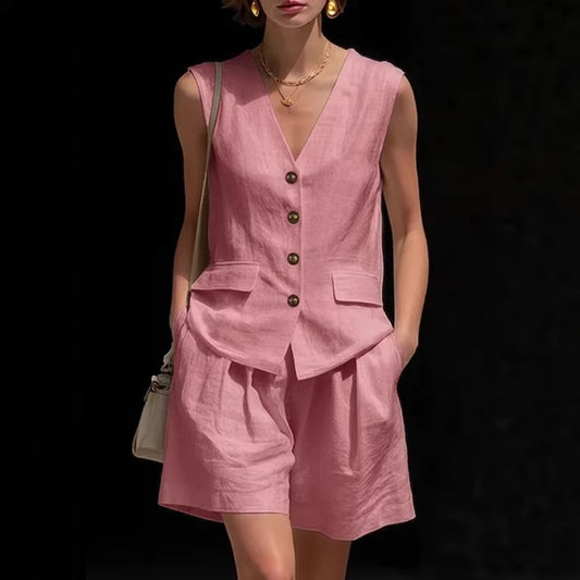 Womens Cotton-Linen Vest Top & Shorts Set