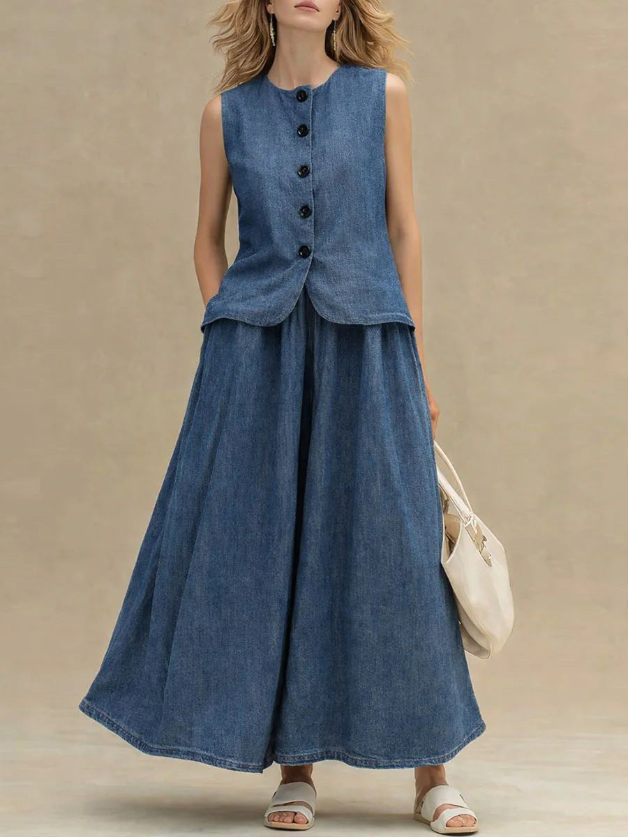 Womens Denim Top & A-Line Skirt Set
