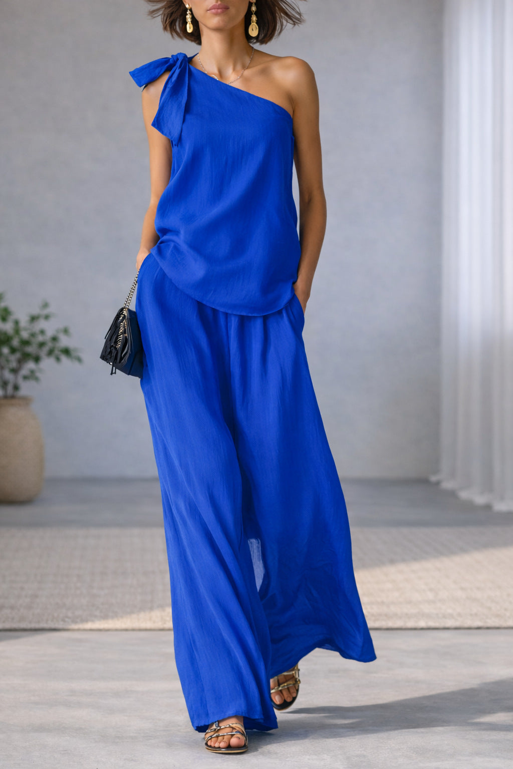 Womens One-Shoulder Top & Wide-Leg Pants Set