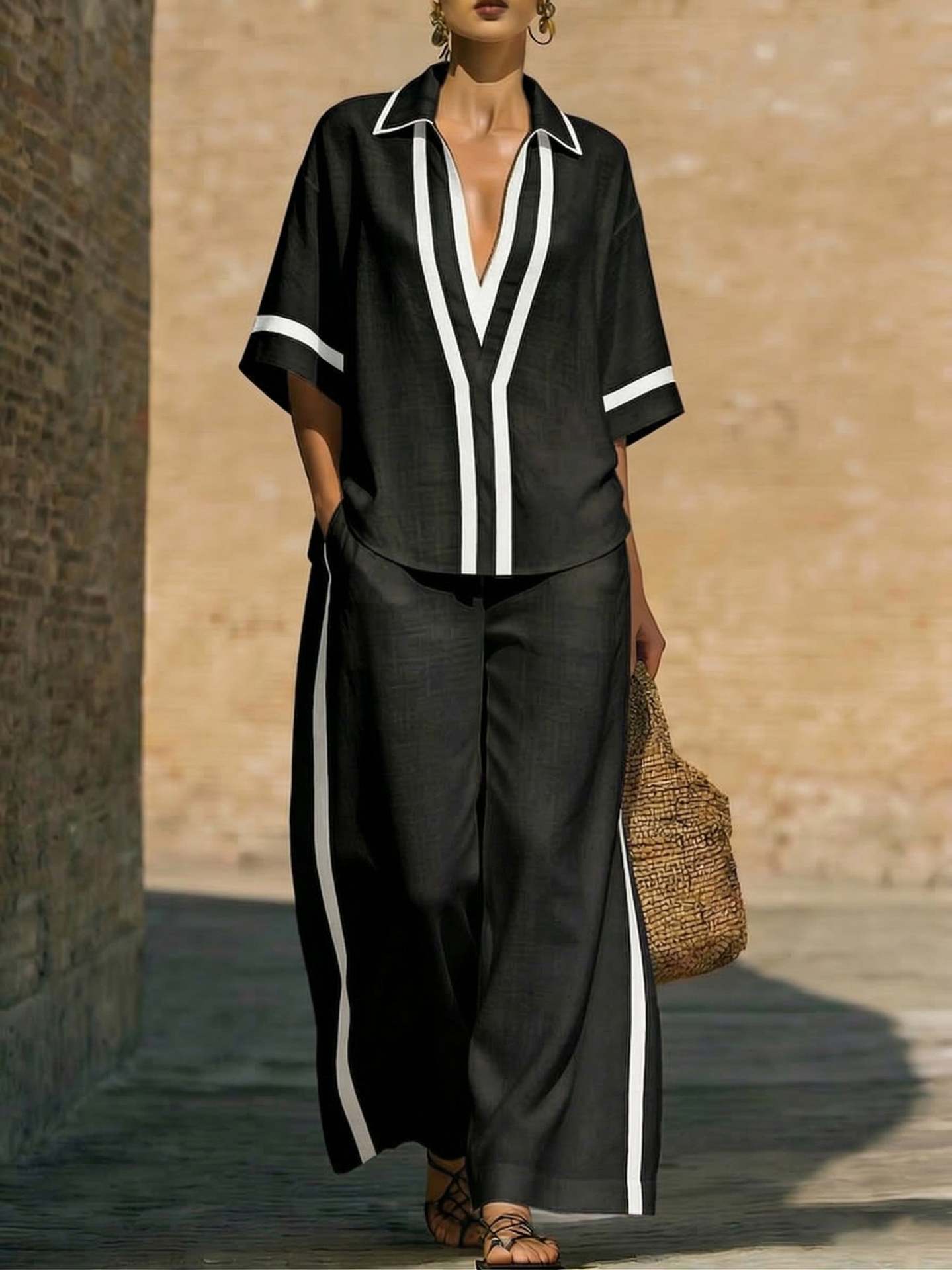 Womens Color Block Top & Wide-Leg Pants Set