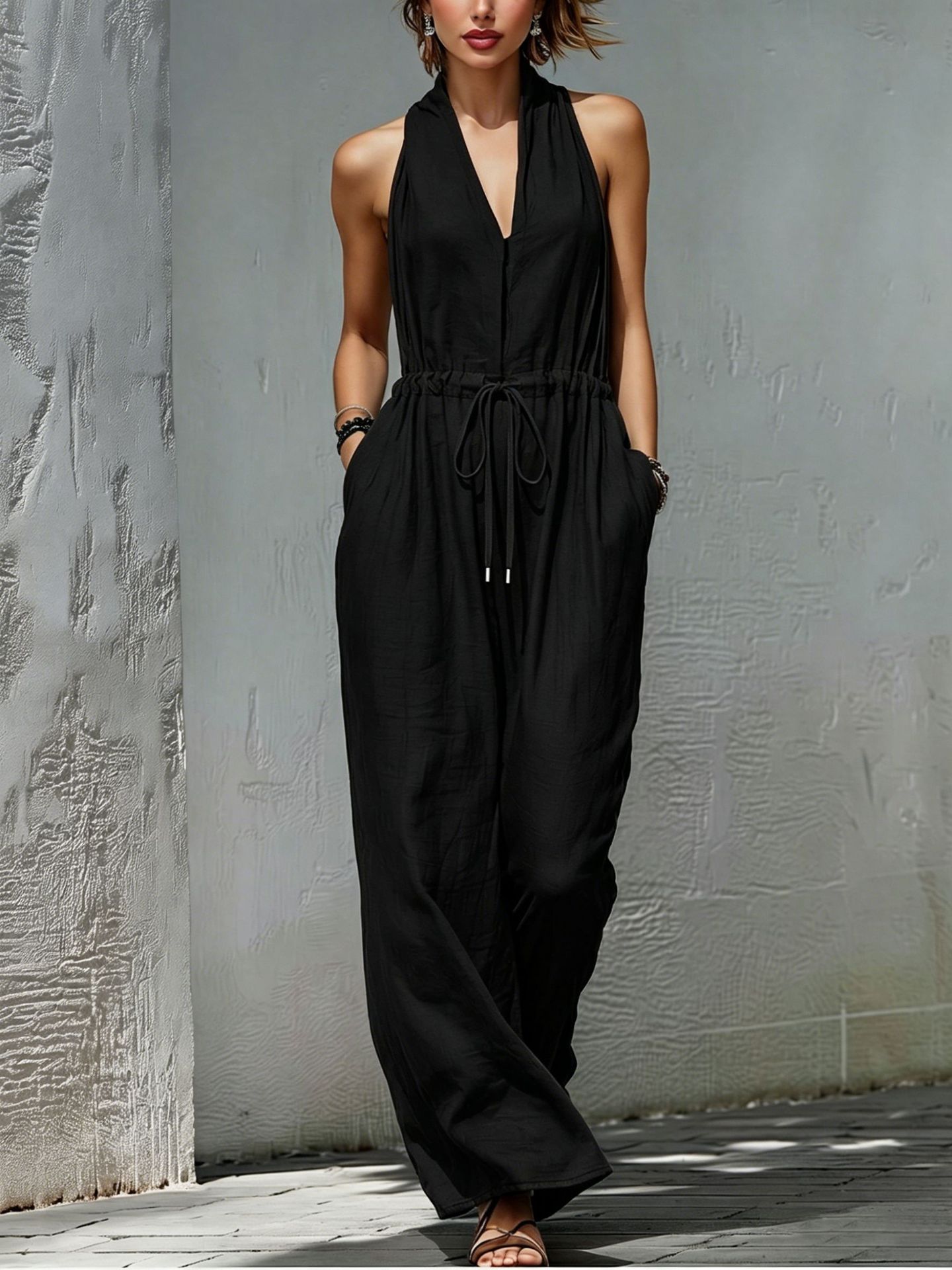 Solid-Color Long Holiday Jumpsuit