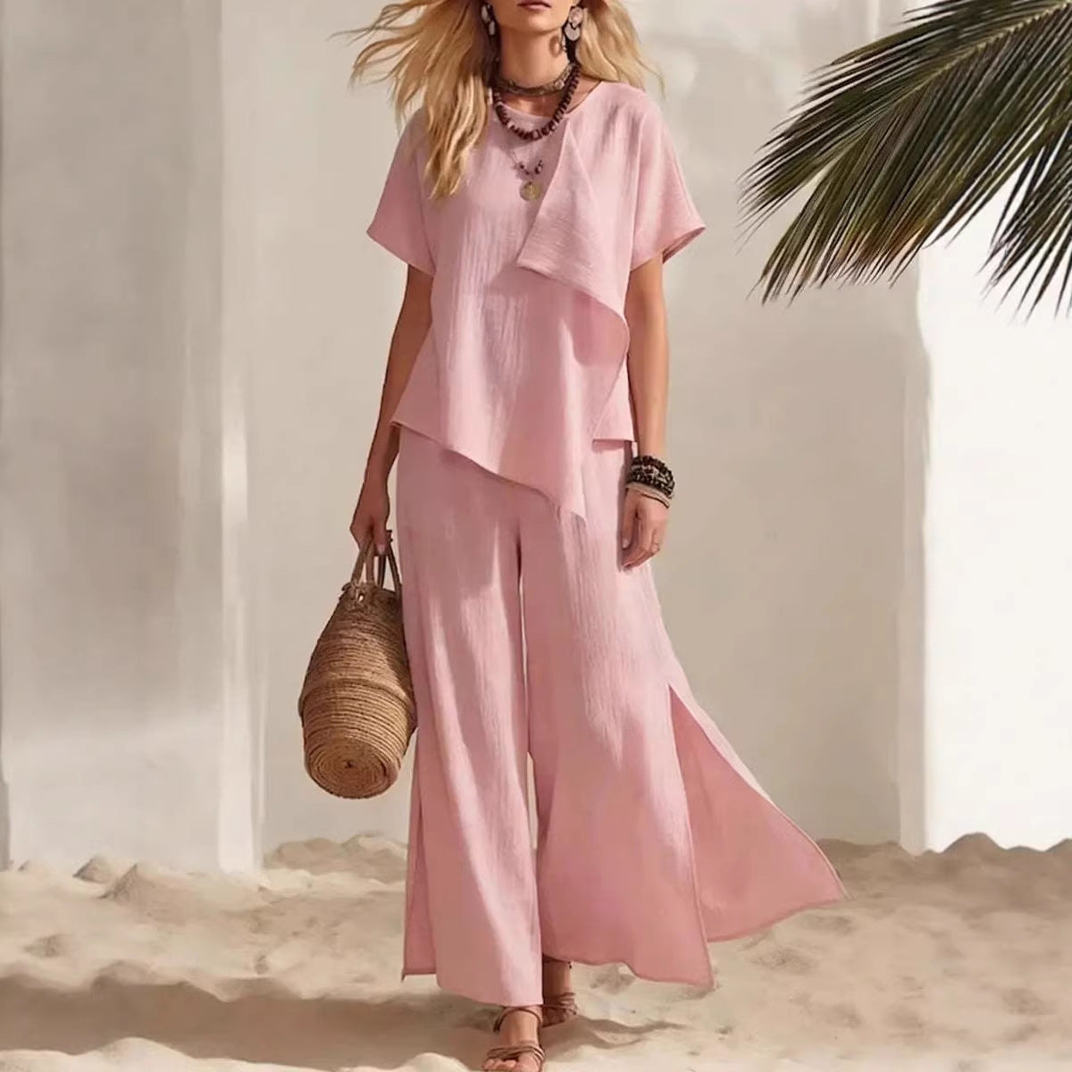 Womens Asymmetrical Top & Wide-Leg Pants Set