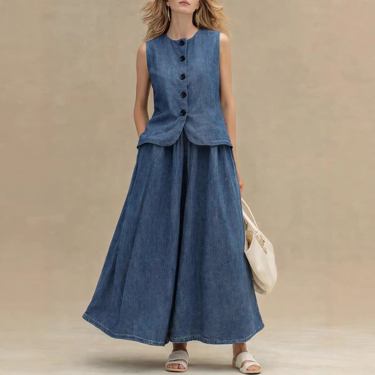 Womens Denim Top & A-Line Skirt Set