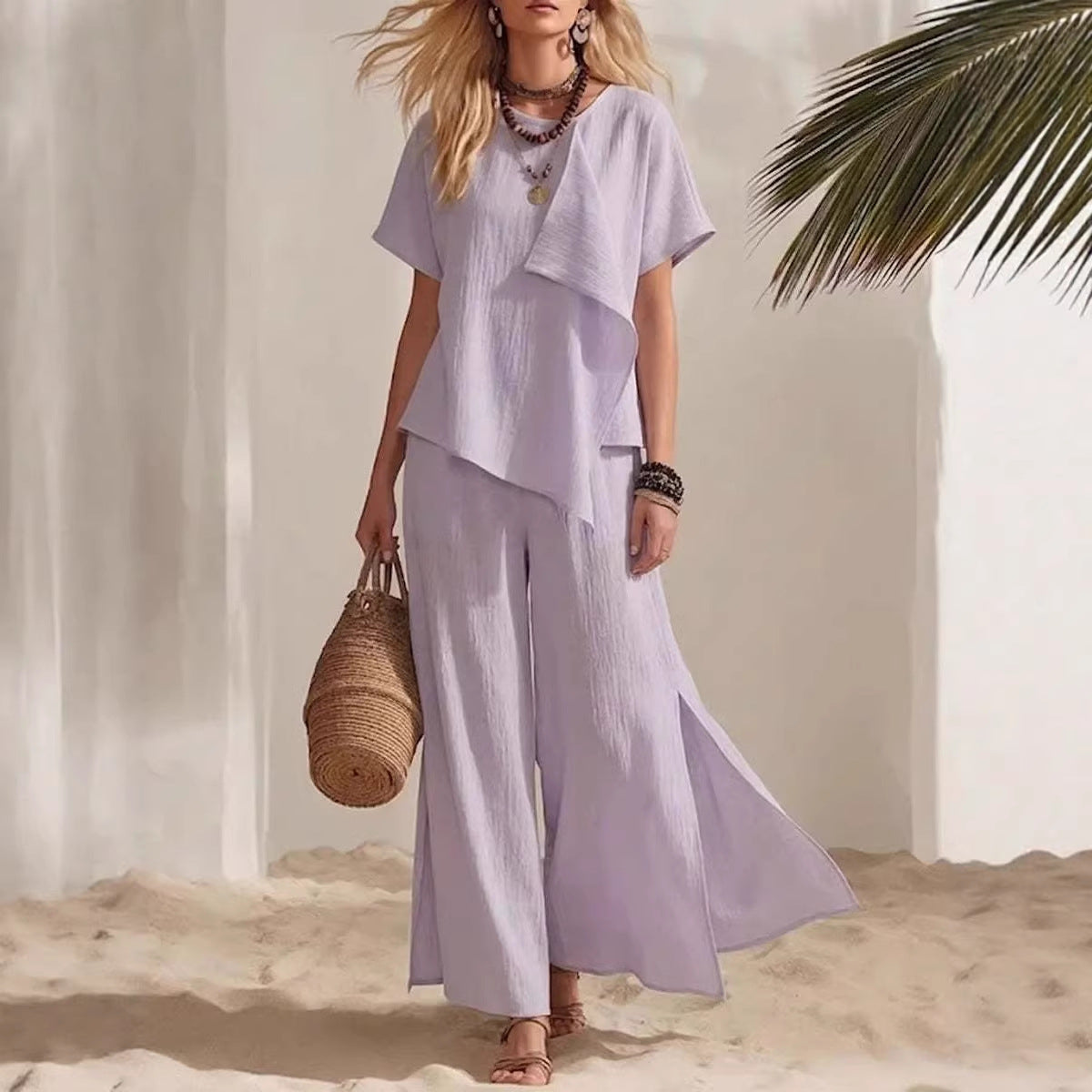 Womens Asymmetrical Top & Wide-Leg Pants Set