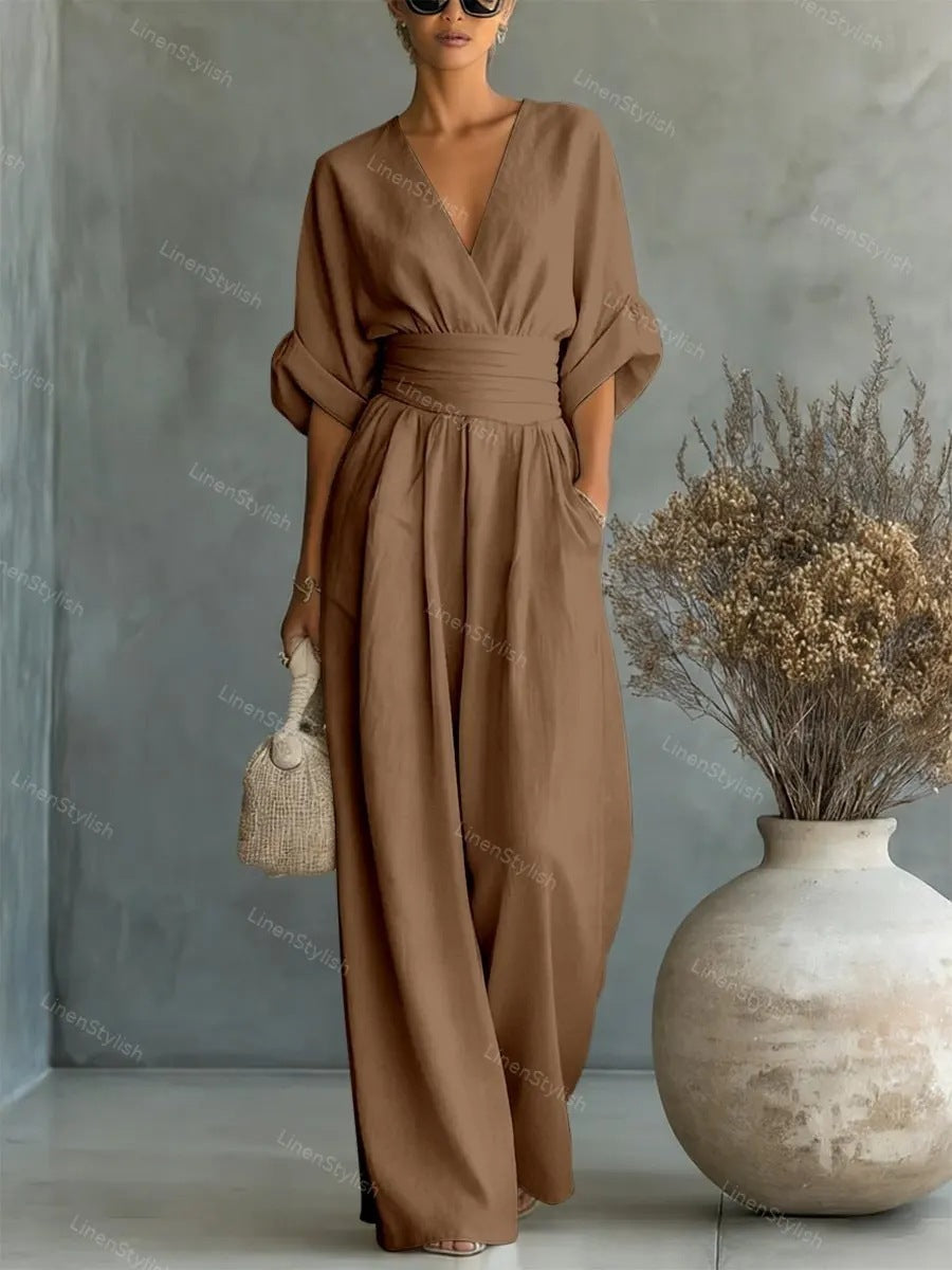 Womens Waist-Cinching V-Neck Jumpsuit