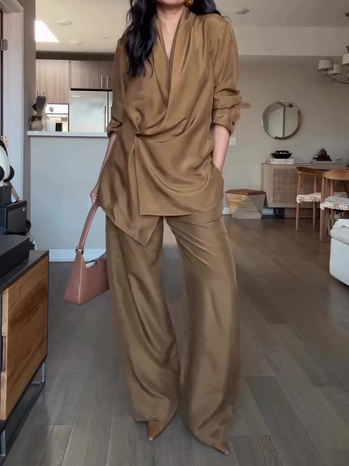 Women’s Satin Wrap Blouse & Wide-Leg Pants Set