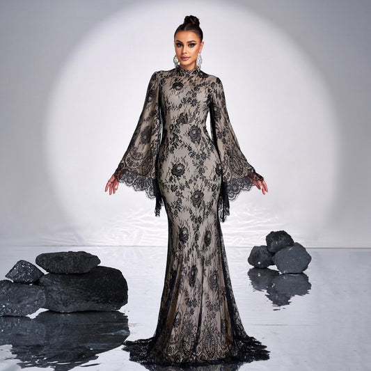 Long Sleeve Round Neck Lace Banquet Dress