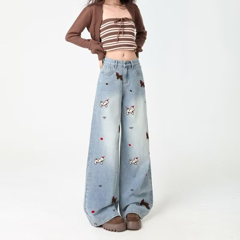 Embroidered Wide-Leg Jeans