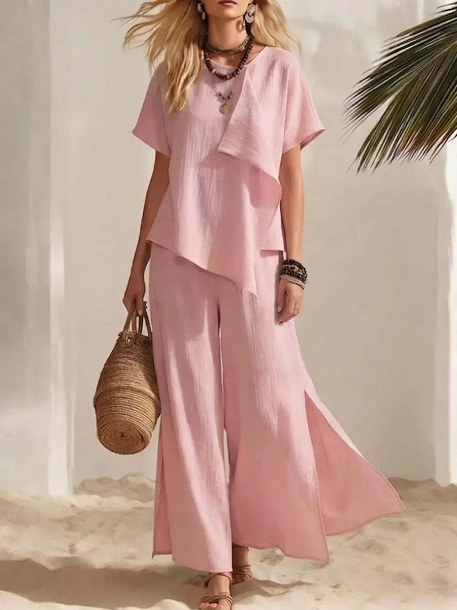Womens Asymmetrical Top & Wide-Leg Pants Set