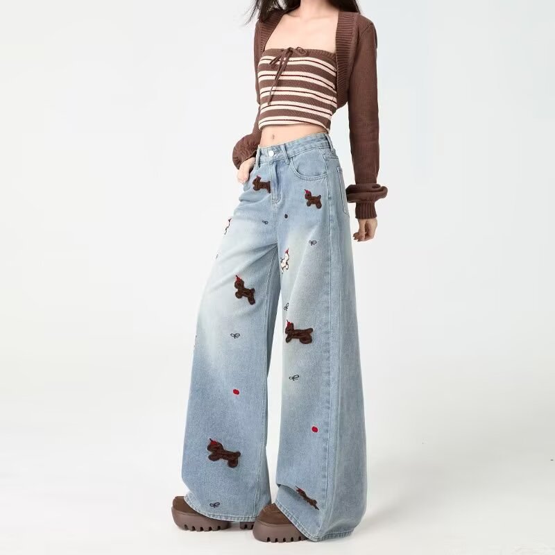 Embroidered Wide-Leg Jeans