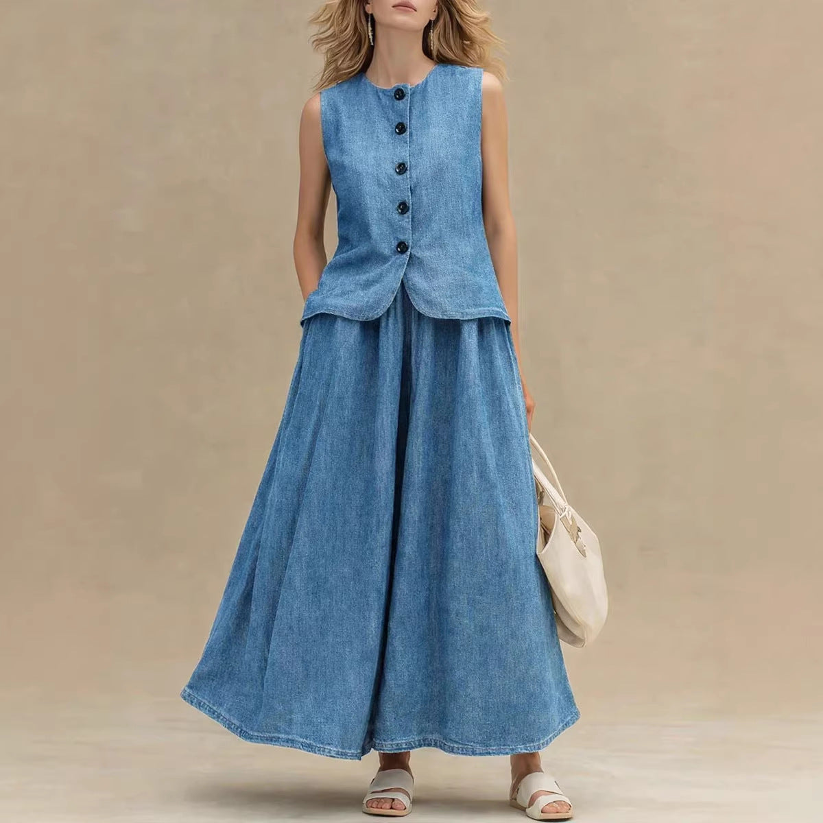 Womens Denim Top & A-Line Skirt Set