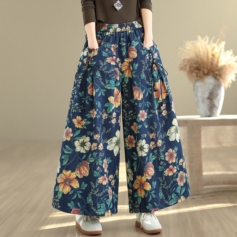 Retro Floral Wide-leg Jeans