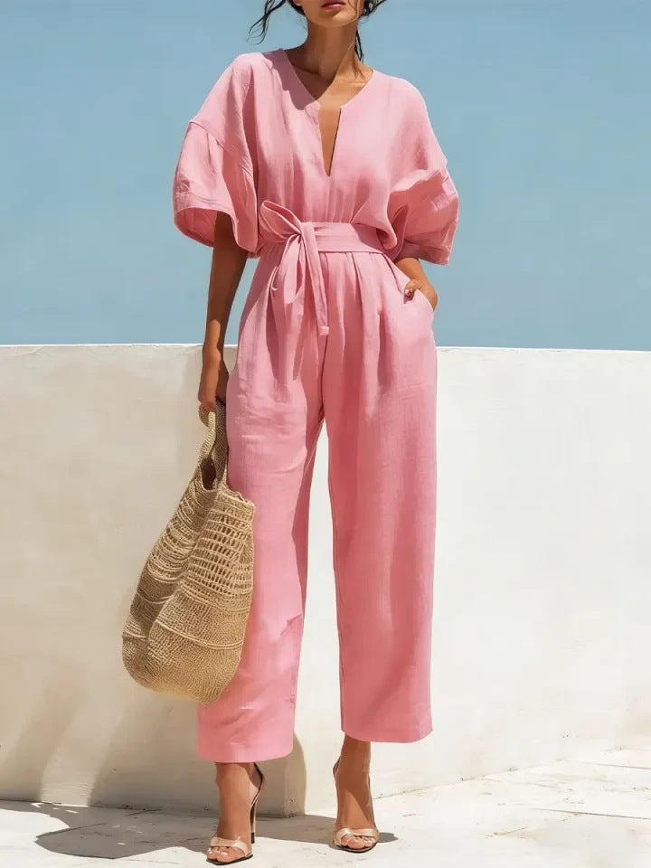 Womens V-Neck Cotton-Linen Jumpsuit