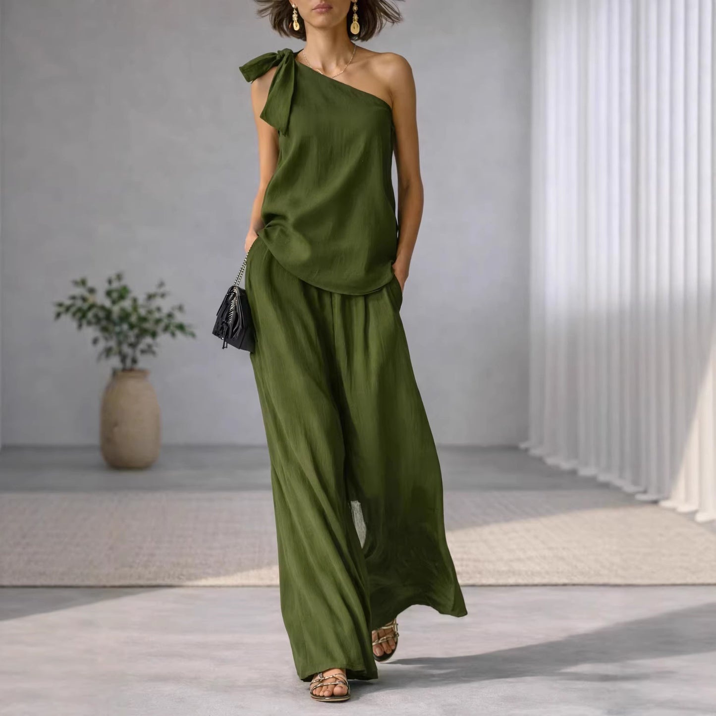 Womens One-Shoulder Top & Wide-Leg Pants Set