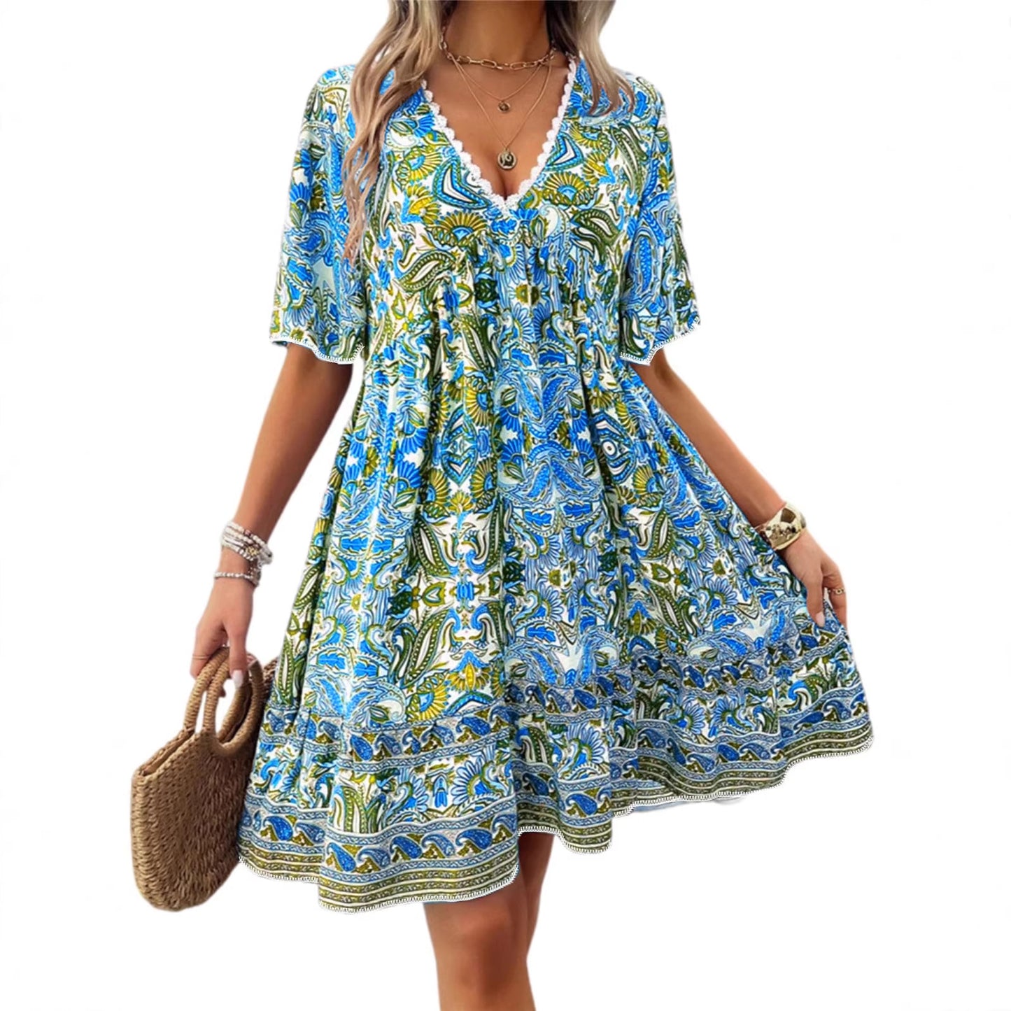 New Fashion Short-Sleeve Printed V-Neck Dress