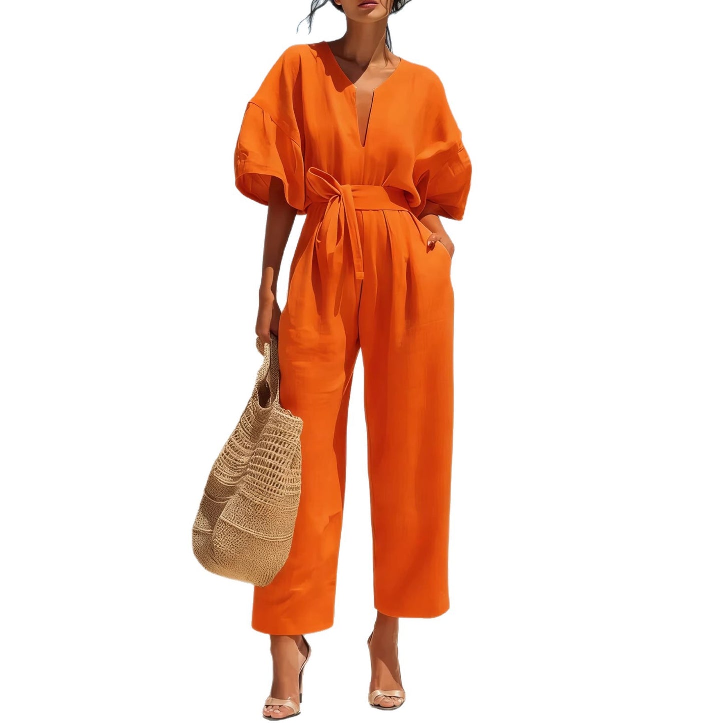 Womens V-Neck Cotton-Linen Jumpsuit