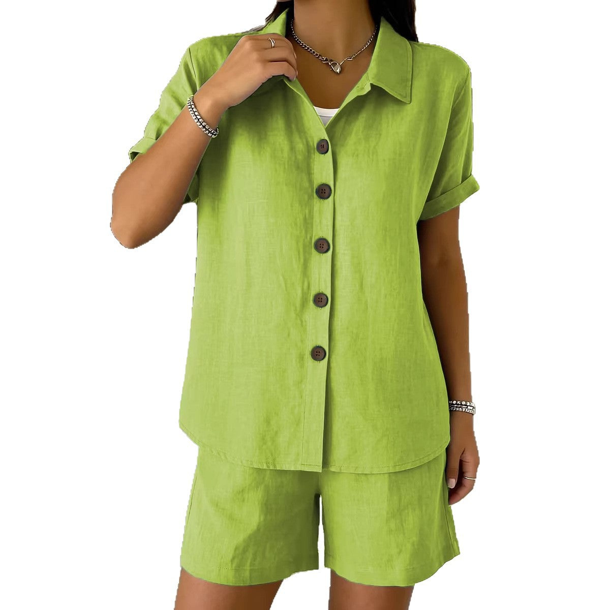 Womens Cotton-Linen Button-Up Shirt Set