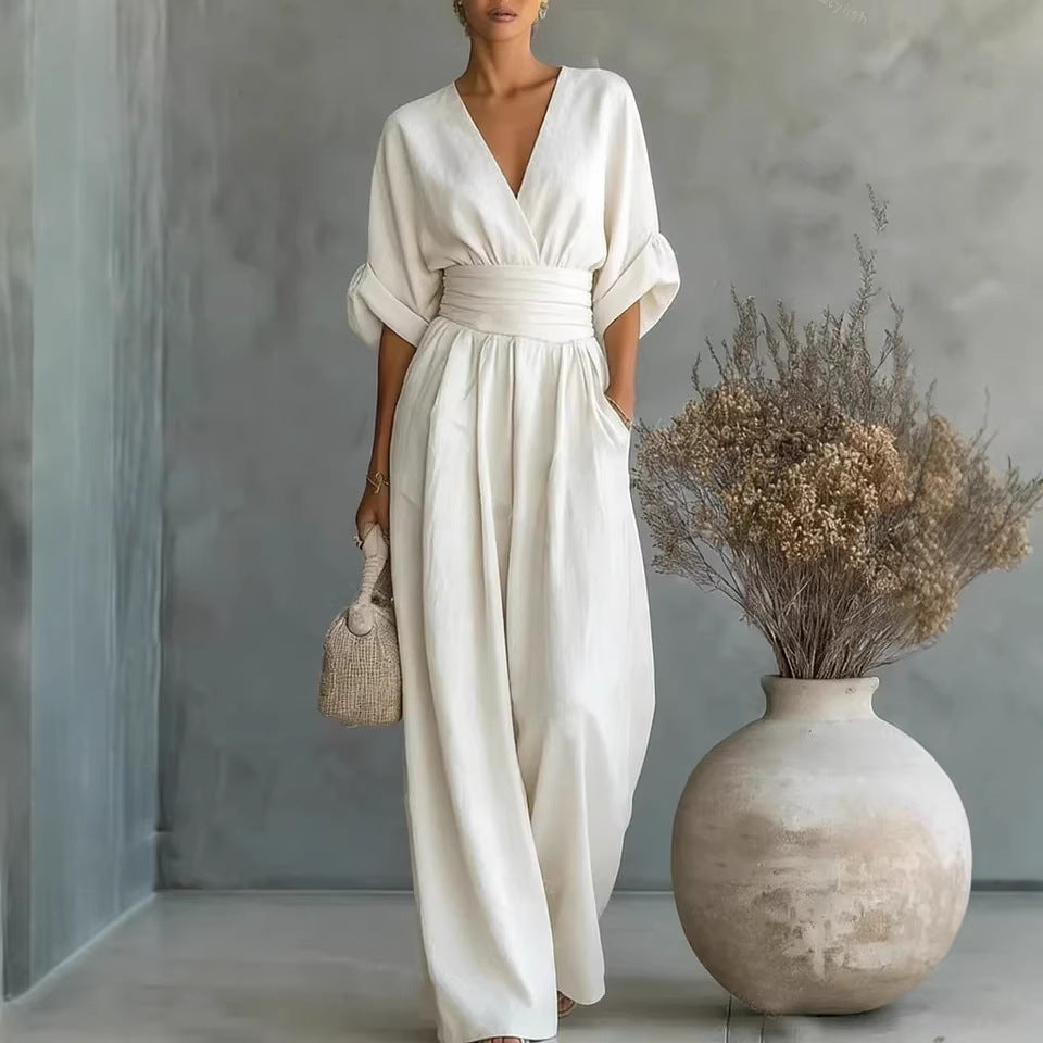 Womens Waist-Cinching V-Neck Jumpsuit