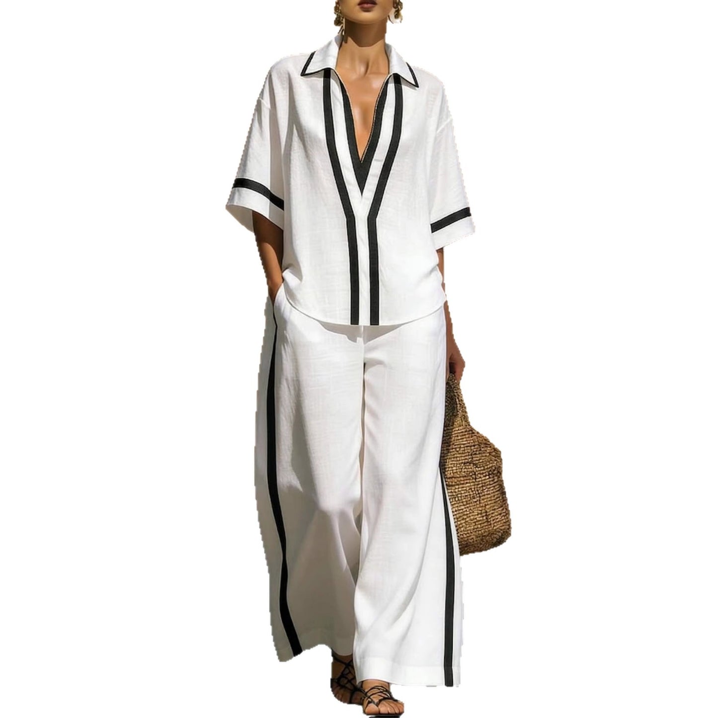 Womens Color Block Top & Wide-Leg Pants Set