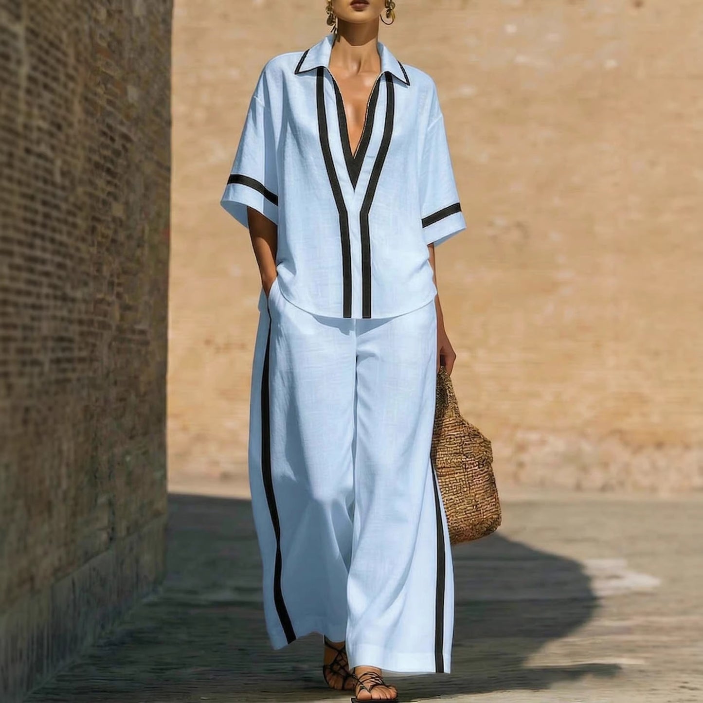 Womens Color Block Top & Wide-Leg Pants Set