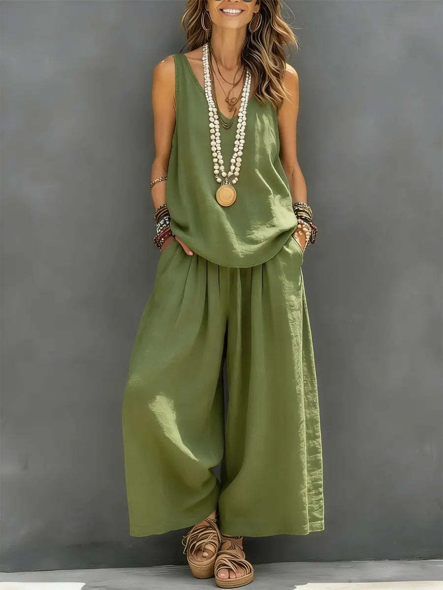 Womens Solid Sleeveless Tank & Wide-Leg Pants Set