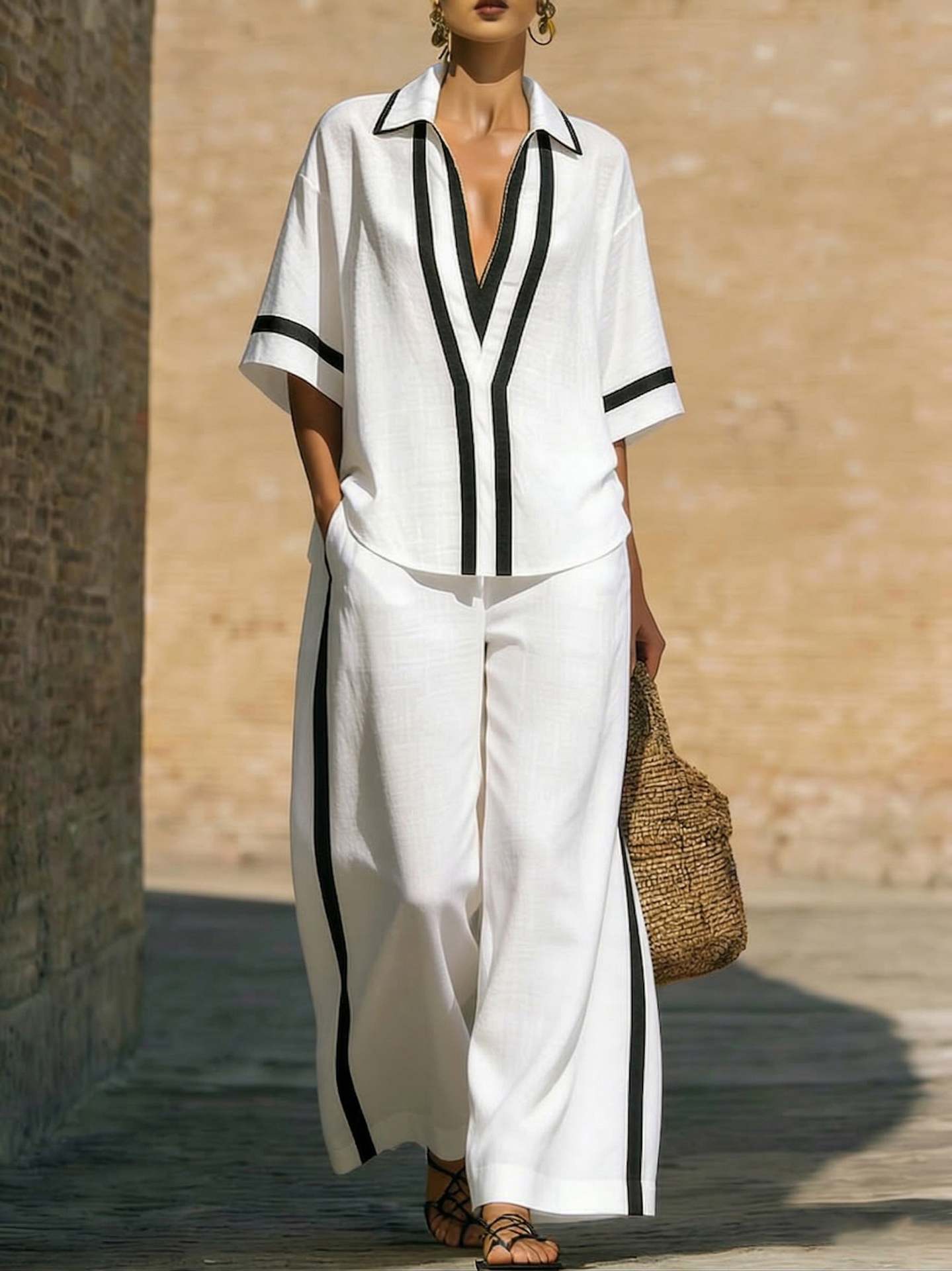 Womens Color Block Top & Wide-Leg Pants Set