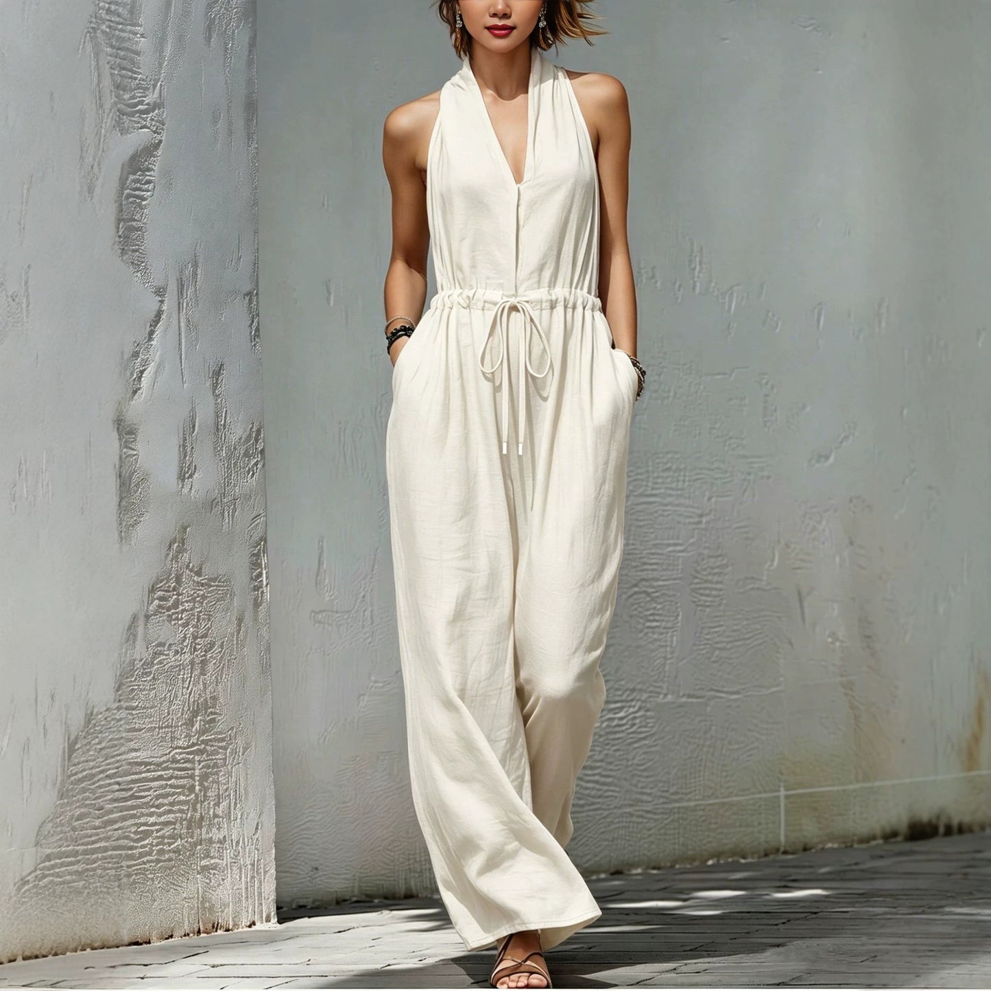 Solid-Color Long Holiday Jumpsuit