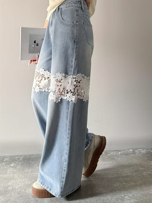 Lace Insert Wide Leg Jeans