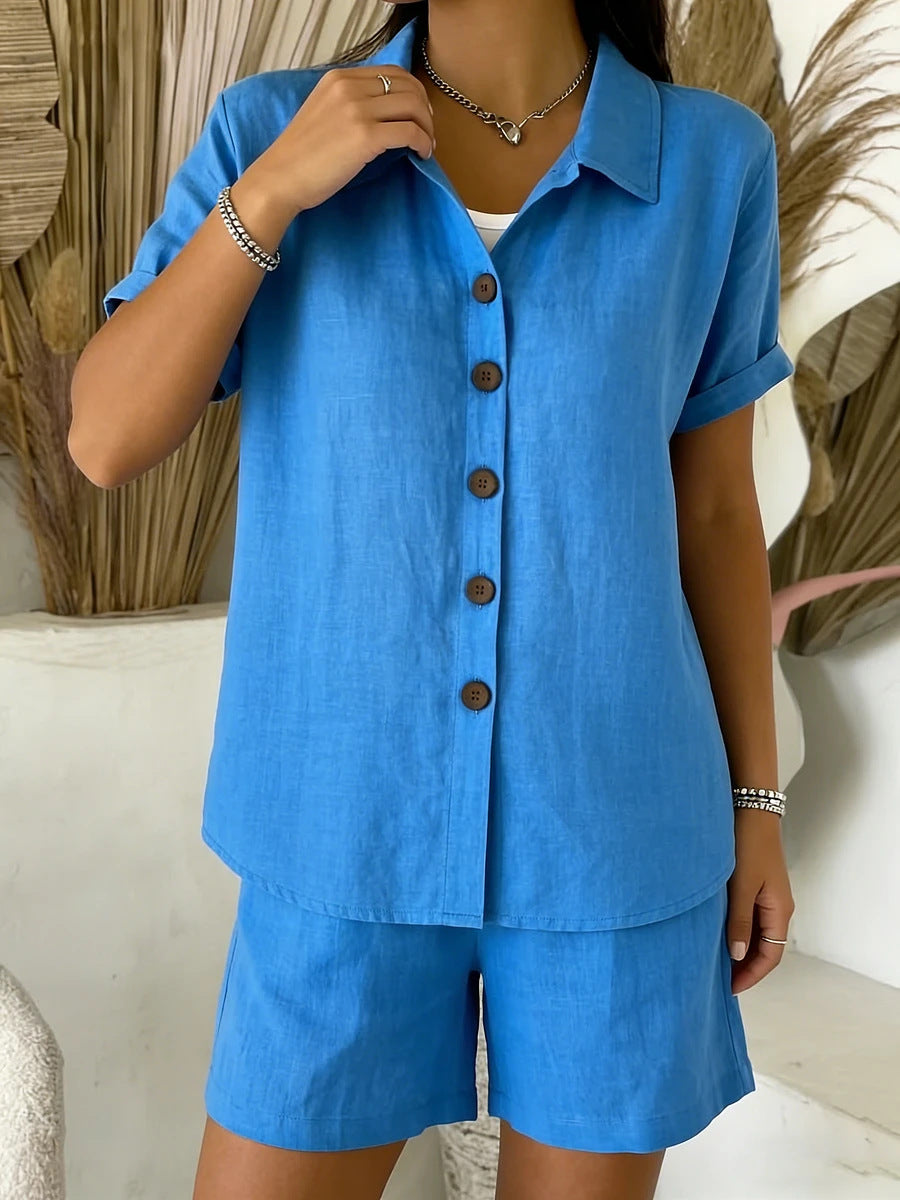 Womens Cotton-Linen Button-Up Shirt Set