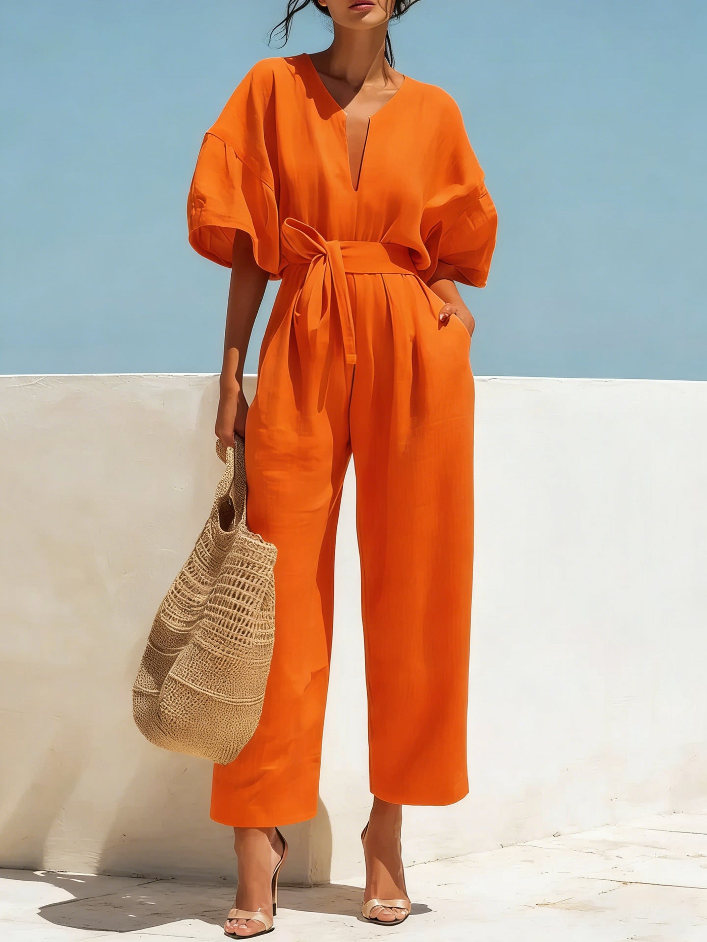 Womens V-Neck Cotton-Linen Jumpsuit