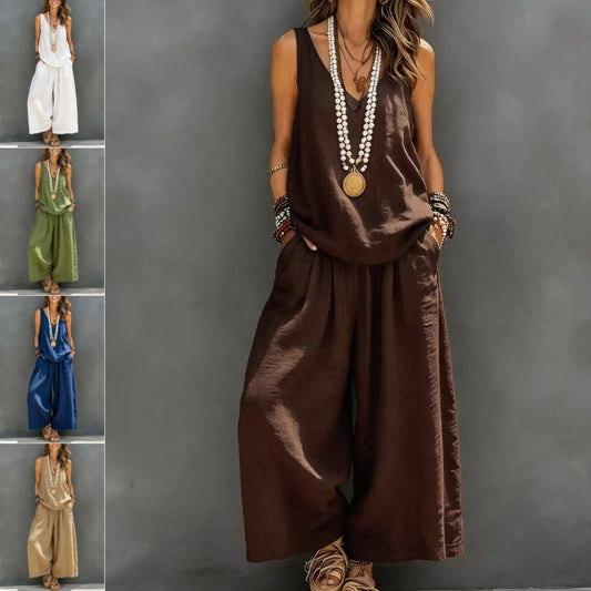 Womens Solid Sleeveless Tank & Wide-Leg Pants Set