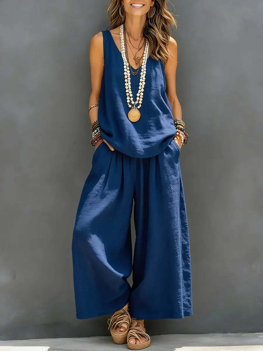 Womens Solid Sleeveless Tank & Wide-Leg Pants Set